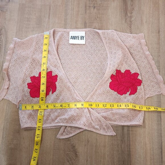 Aniye By Pink Sheer Shrug with Red Rose Patch Tie Front Coquette Feminine Size S - Picture 6 of 7